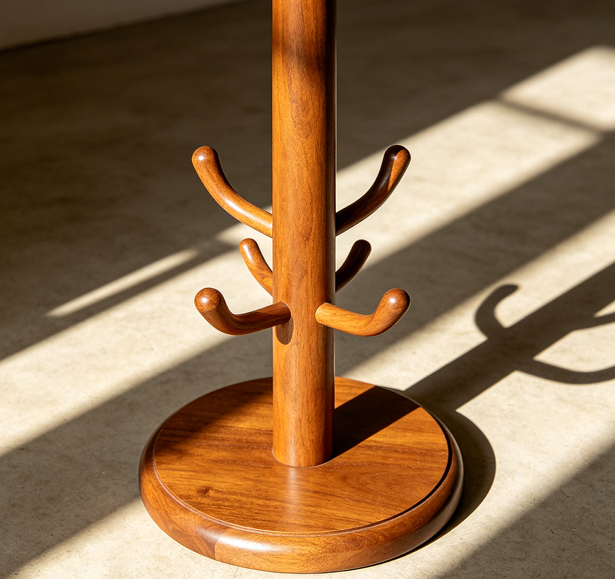 Five-Hook Solid Wood Coat Rack with Round Base